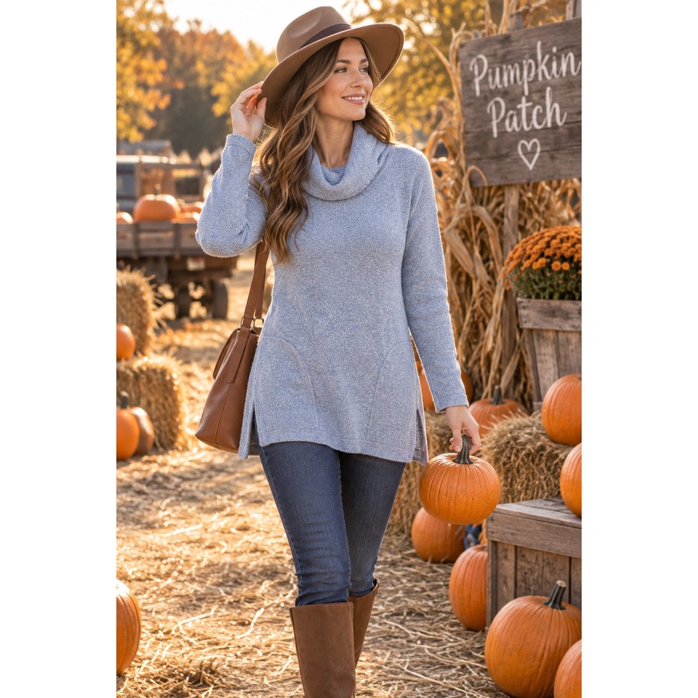 J Jill Womens S Blue Cowl Neck Tunic Sweater Textured Knit Long Cotton Blend
